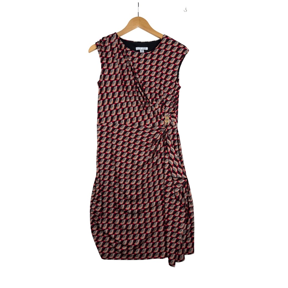 London Style Collection Printed Cap Sleeve Faux Wrap Dress size Small Black/Red/